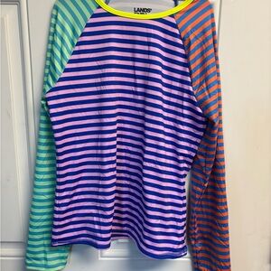 Lands' End Neon-Trim Striped Rash Guard - Blue, Pink, Yellow